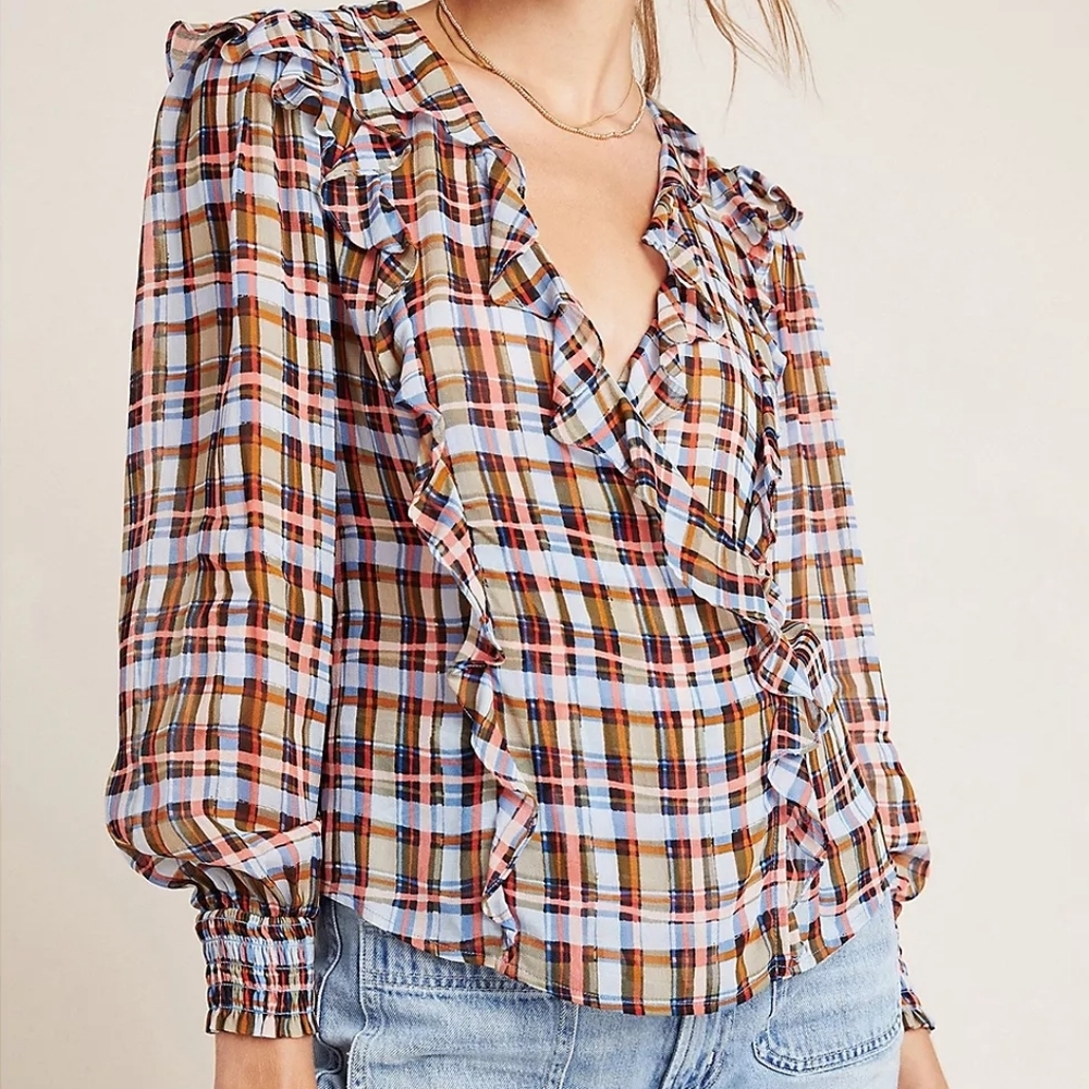 Anthropologie Maeve Laila Plaid Ruffle Chiffon Blouse 22W